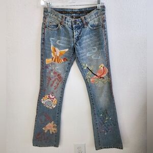Switch USA Heaven Embroidered  Patchwprk Y2K Low Rise Flare Blue Jeans Sz 24.